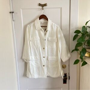 New Chico’s‎ White Fringed Jacket 3/4 Sleeve Flap Pockets Size 16